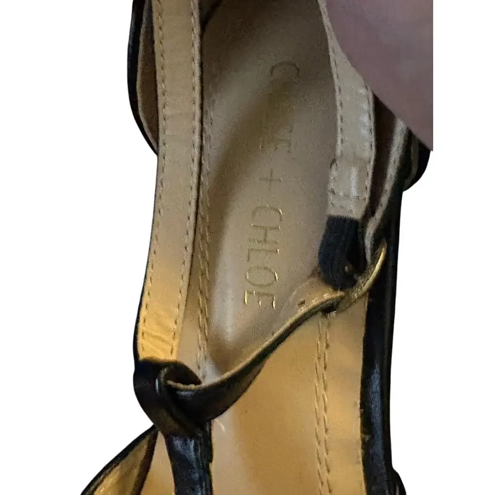 Chase Chloe Black Faux Leather  T  Strap  Heels Size 8.5